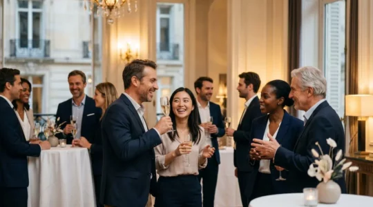 Soirée d'entreprise festive et élégante dans un lieu parisien avec collaborateurs engagés dans une ambiance conviviale