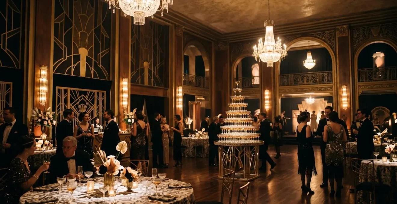 Ambiance luxueuse d'une soirée années 20 avec décoration Art déco dorée et atmosphère festive élégante