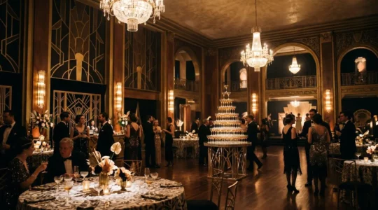 Ambiance luxueuse d'une soirée années 20 avec décoration Art déco dorée et atmosphère festive élégante
