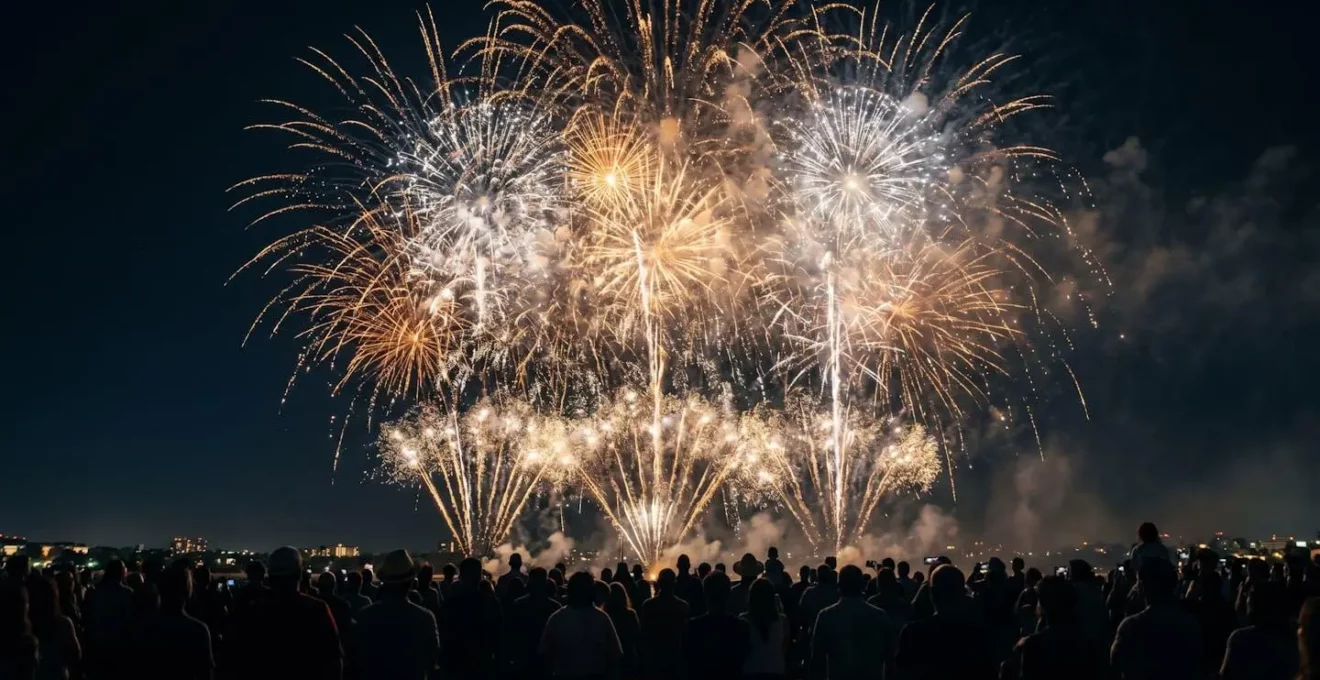 Explosions de feu d'artifice aux nuances dorées et argentées illuminant le ciel nocturne lors d'une célébration festive