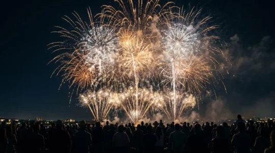Explosions de feu d'artifice aux nuances dorées et argentées illuminant le ciel nocturne lors d'une célébration festive