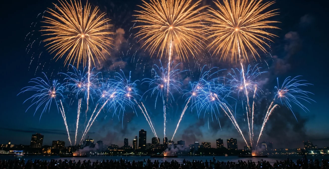 Spectacle pyrotechnique nocturne avec explosions dorées et bleues dans le ciel