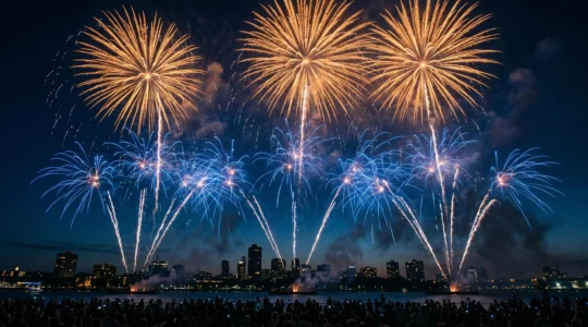 Spectacle pyrotechnique nocturne avec explosions dorées et bleues dans le ciel
