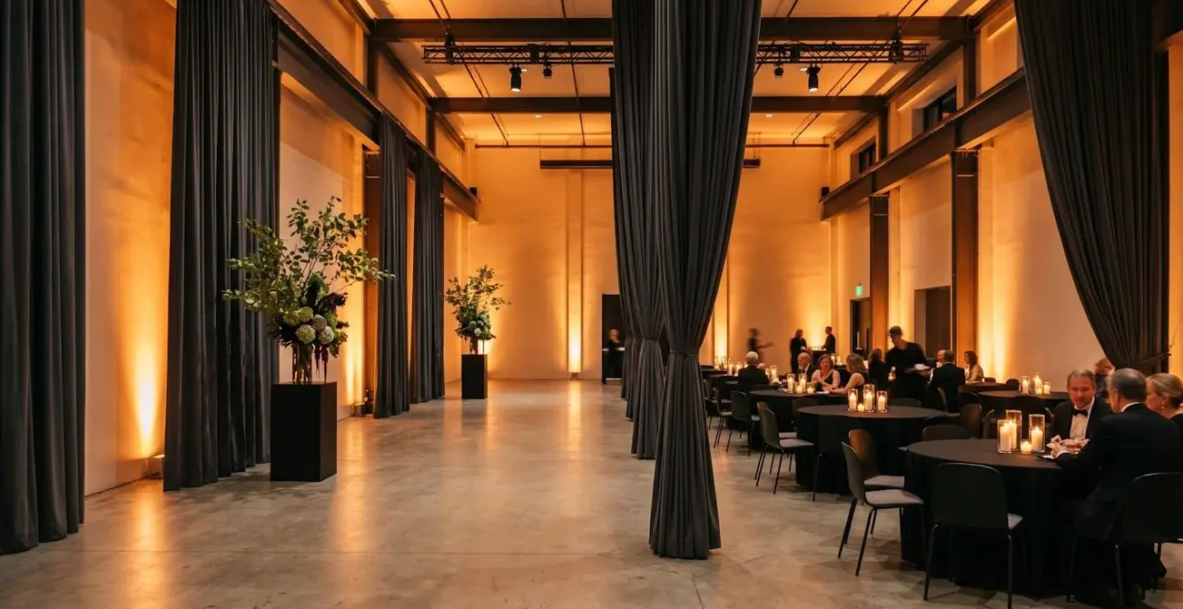 Transformation d'une salle des fêtes municipale en lieu de gala avec éclairage indirect et décoration épurée