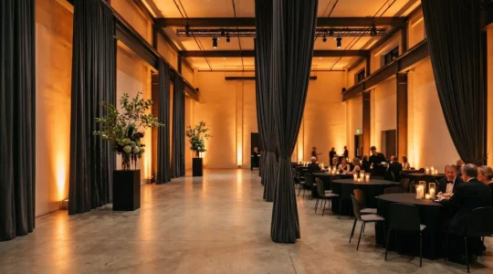 Transformation d'une salle des fêtes municipale en lieu de gala avec éclairage indirect et décoration épurée