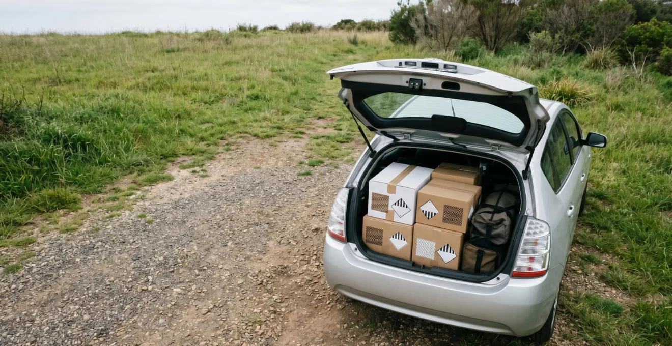 Vue en plongée d'un coffre de voiture ouvert contenant des cartons de feux d'artifice étiquetés avec marquages réglementaires, dans un environnement extérieur naturel
