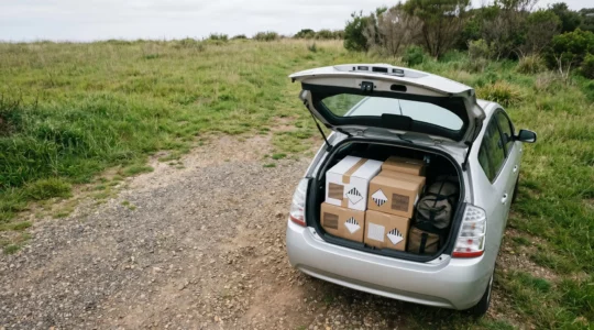 Vue en plongée d'un coffre de voiture ouvert contenant des cartons de feux d'artifice étiquetés avec marquages réglementaires, dans un environnement extérieur naturel